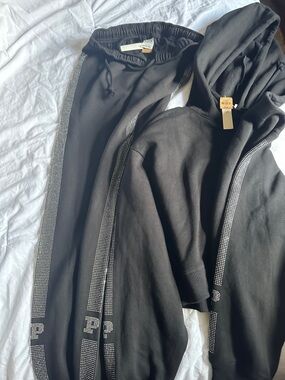 PINK Victoria's Secret Black Rhinestone-Trim Hoodie & Joggers Set